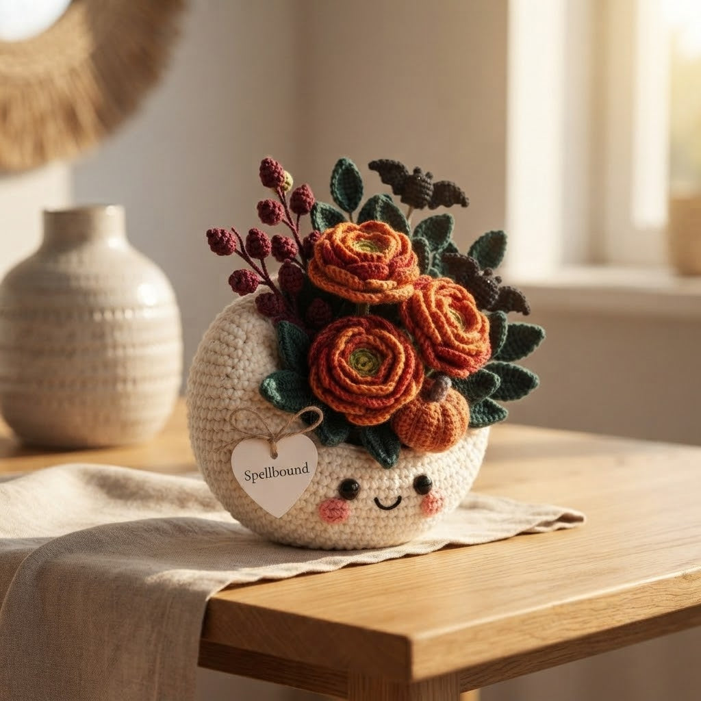 Handmade Crochet Moon Pumpkin Bouquet – Gothic Fall Floral Decor & Gift