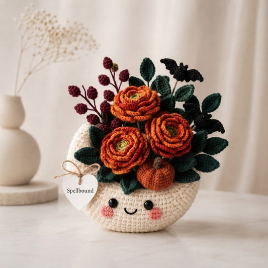 Handmade Crochet Moon Pumpkin Bouquet – Gothic Fall Floral Decor & Gift