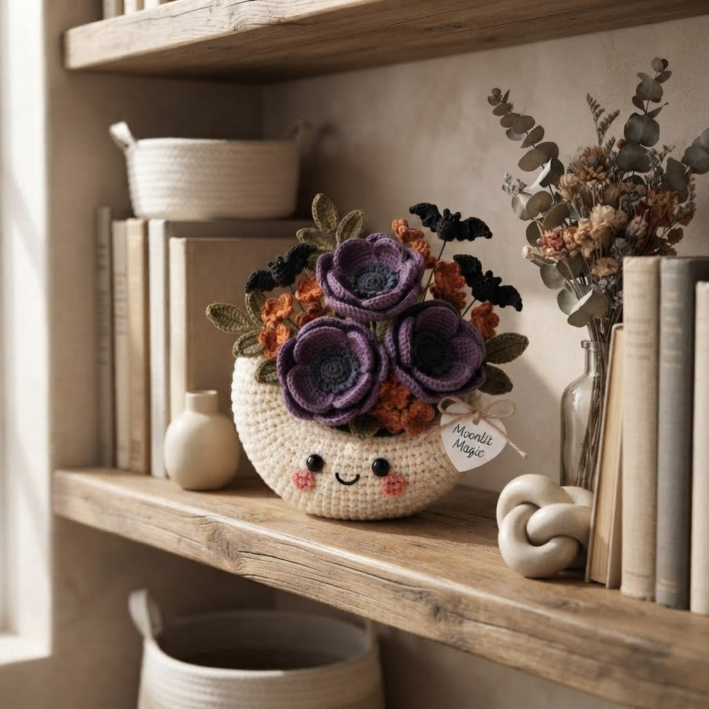 Handmade Crochet Moon Flower Arrangement – Gothic Halloween Floral Decor & Gift
