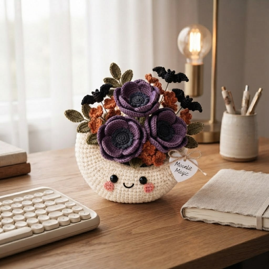 Handmade Crochet Moon Flower Arrangement – Gothic Halloween Floral Decor & Gift