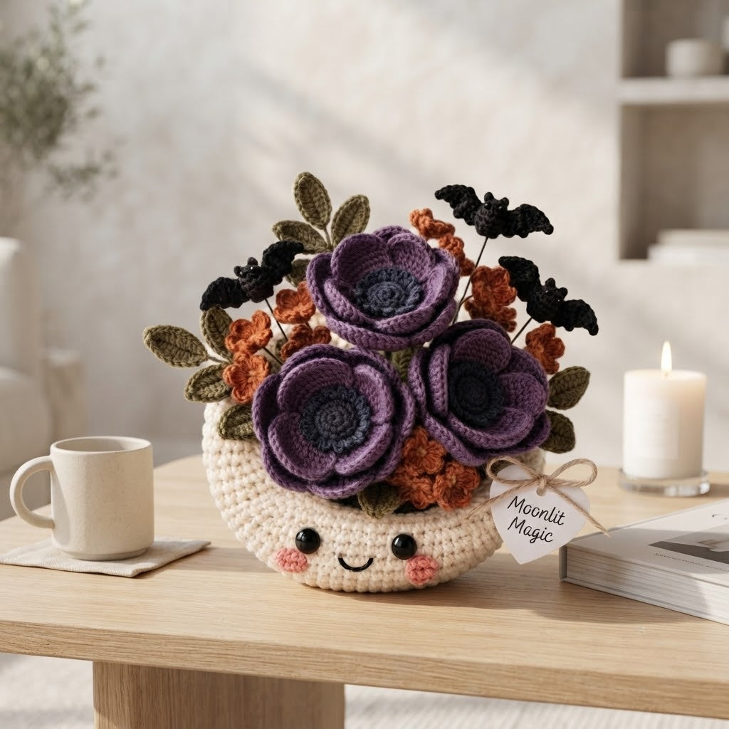 Handmade Crochet Moon Flower Arrangement – Gothic Halloween Floral Decor & Gift