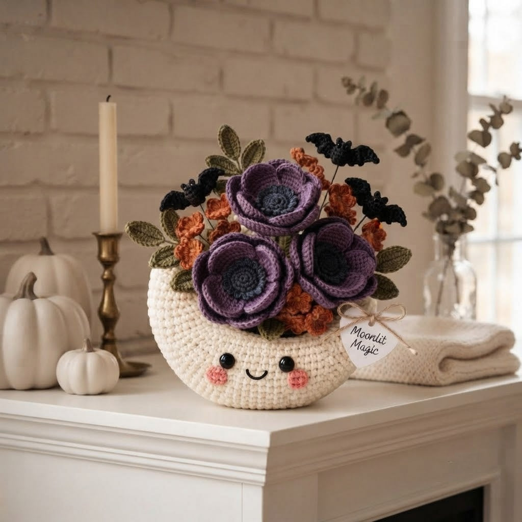 Handmade Crochet Moon Flower Arrangement – Gothic Halloween Floral Decor & Gift