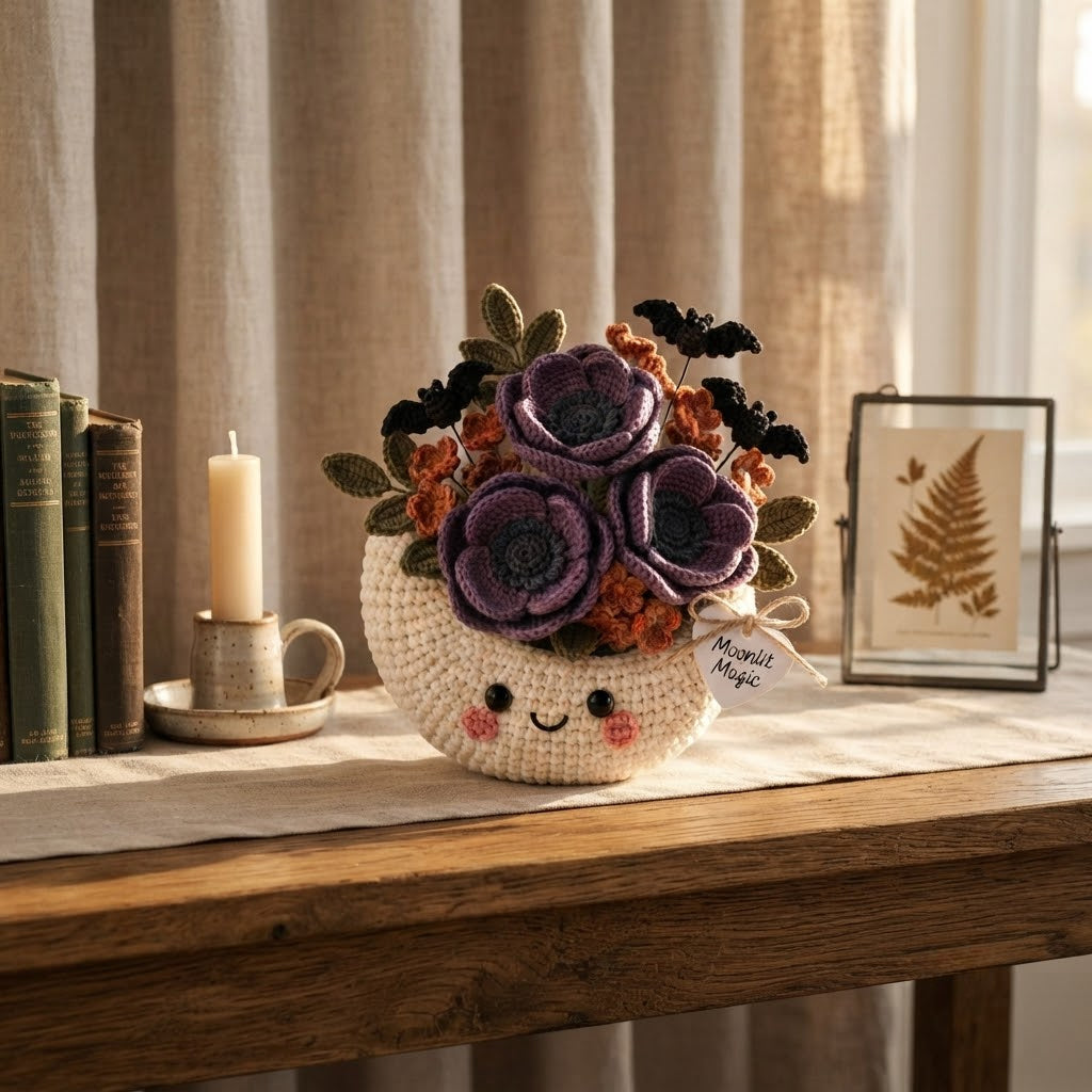 Handmade Crochet Moon Flower Arrangement – Gothic Halloween Floral Decor & Gift