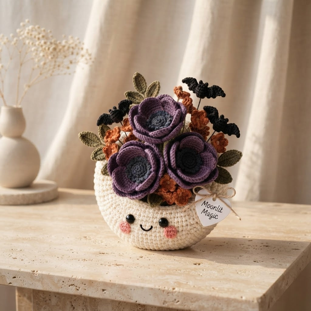 Handmade Crochet Moon Flower Arrangement – Gothic Halloween Floral Decor & Gift