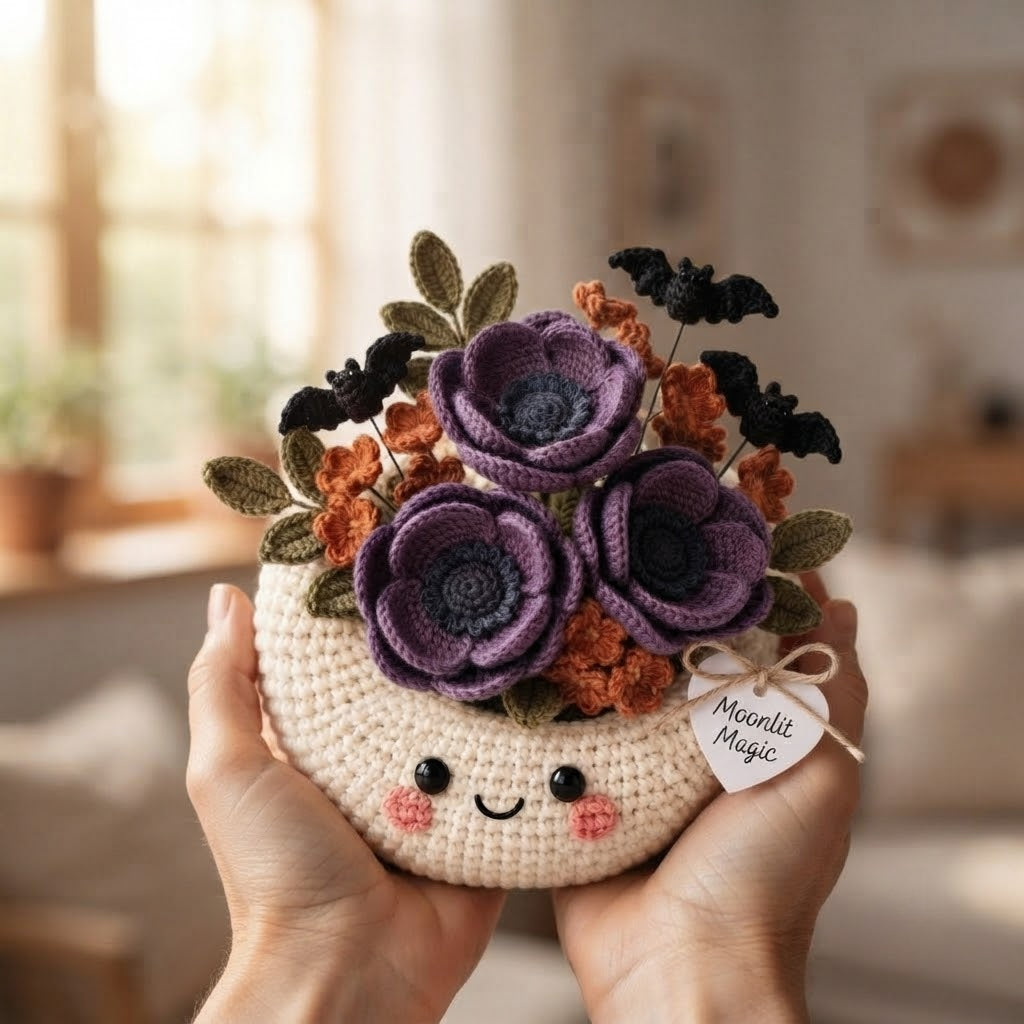 Handmade Crochet Moon Flower Arrangement – Gothic Halloween Floral Decor & Gift
