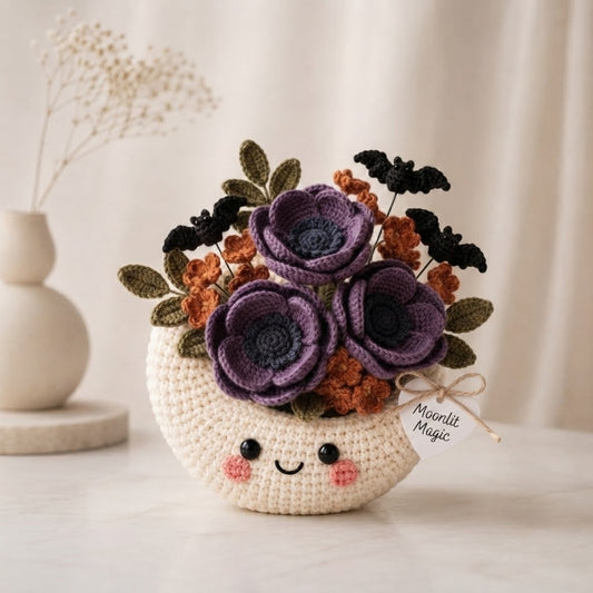 Handmade Crochet Moon Flower Arrangement – Gothic Halloween Floral Decor & Gift