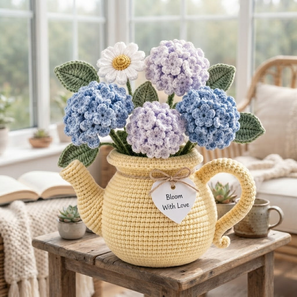 Handmade Crochet Hydrangea & Daisy Watering Can – Blue Purple Floral Arrangement Home Decor Gift