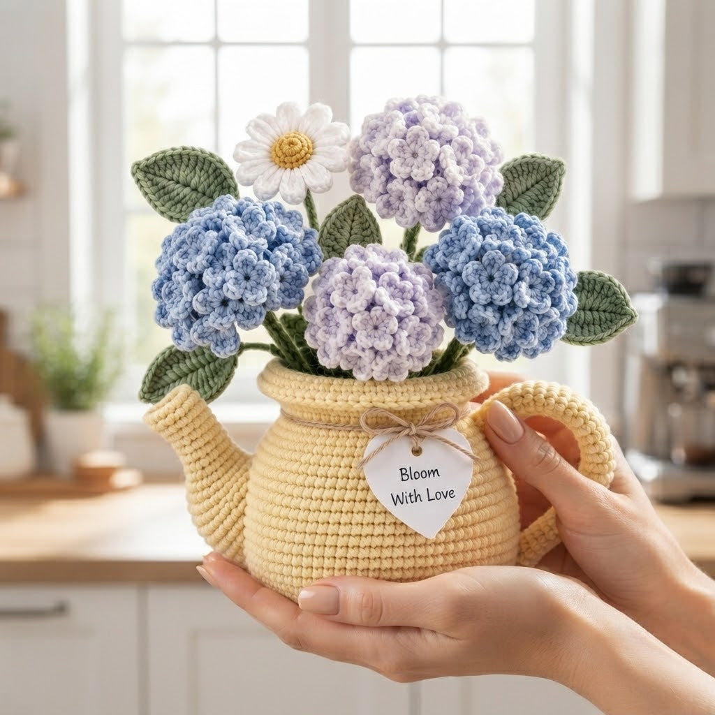 Handmade Crochet Hydrangea & Daisy Watering Can – Blue Purple Floral Arrangement Home Decor Gift