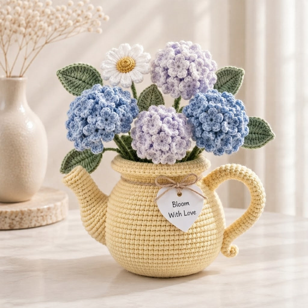 Handmade Crochet Hydrangea & Daisy Watering Can – Blue Purple Floral Arrangement Home Decor Gift