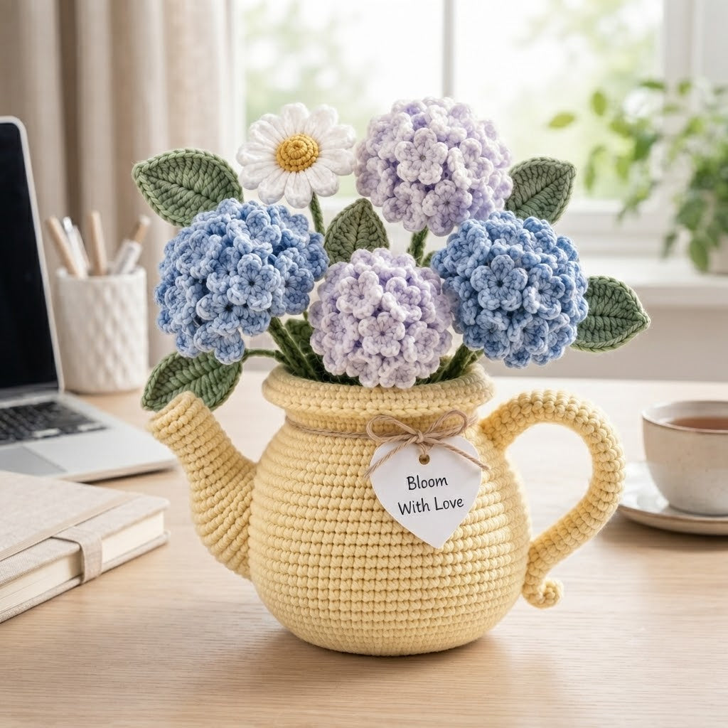 Handmade Crochet Hydrangea & Daisy Watering Can – Blue Purple Floral Arrangement Home Decor Gift
