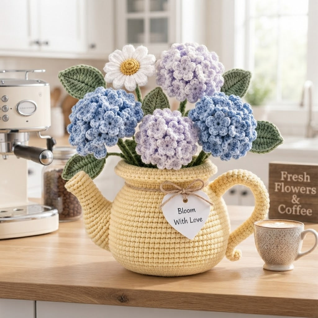 Handmade Crochet Hydrangea & Daisy Watering Can – Blue Purple Floral Arrangement Home Decor Gift