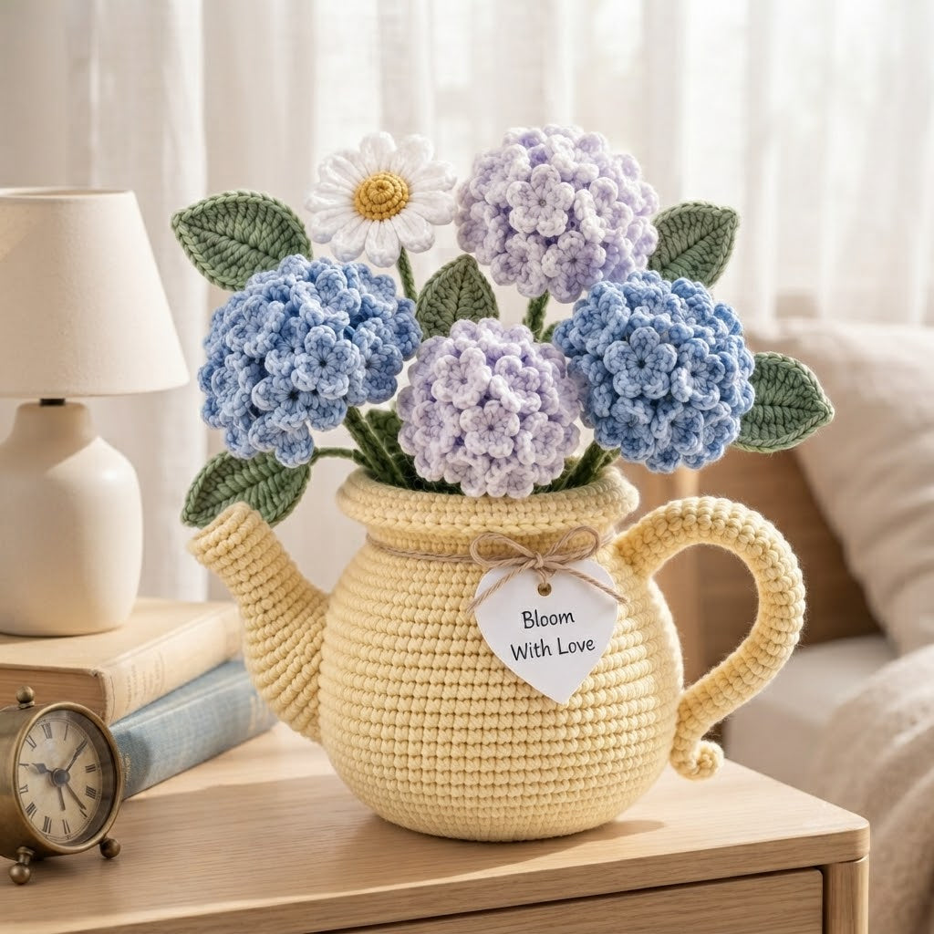 Handmade Crochet Hydrangea & Daisy Watering Can – Blue Purple Floral Arrangement Home Decor Gift