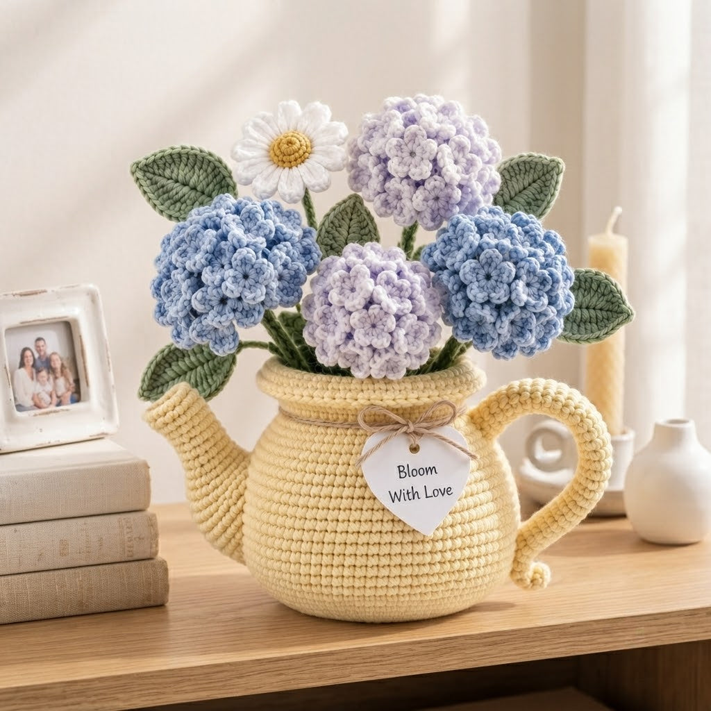 Handmade Crochet Hydrangea & Daisy Watering Can – Blue Purple Floral Arrangement Home Decor Gift