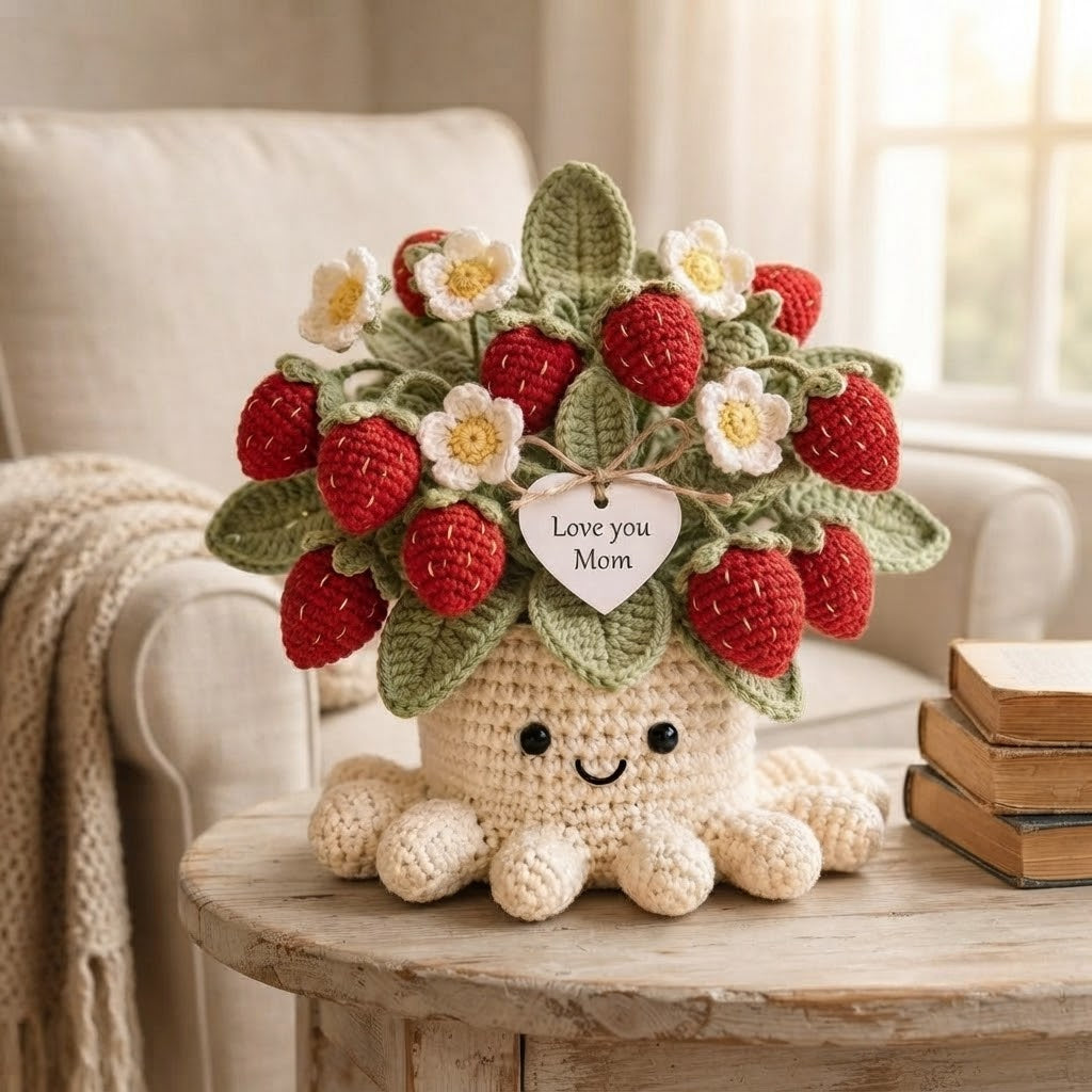 Handmade Crochet Strawberry Octopus Pot | Cute Amigurumi Plant Gift for Mom