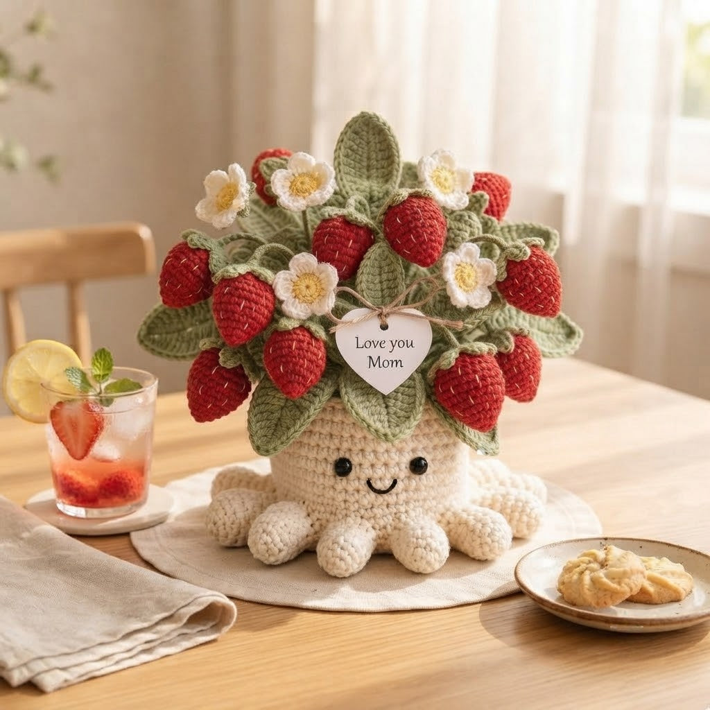 Handmade Crochet Strawberry Octopus Pot | Cute Amigurumi Plant Gift for Mom