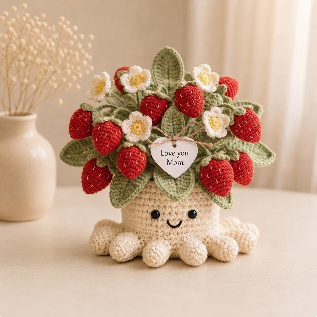 Handmade Crochet Strawberry Octopus Pot | Cute Amigurumi Plant Gift for Mom