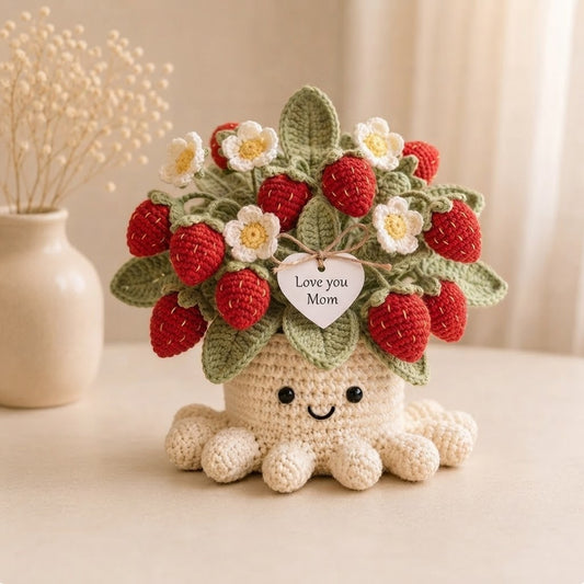Handmade Crochet Strawberry Octopus Pot | Cute Amigurumi Plant Gift for Mom