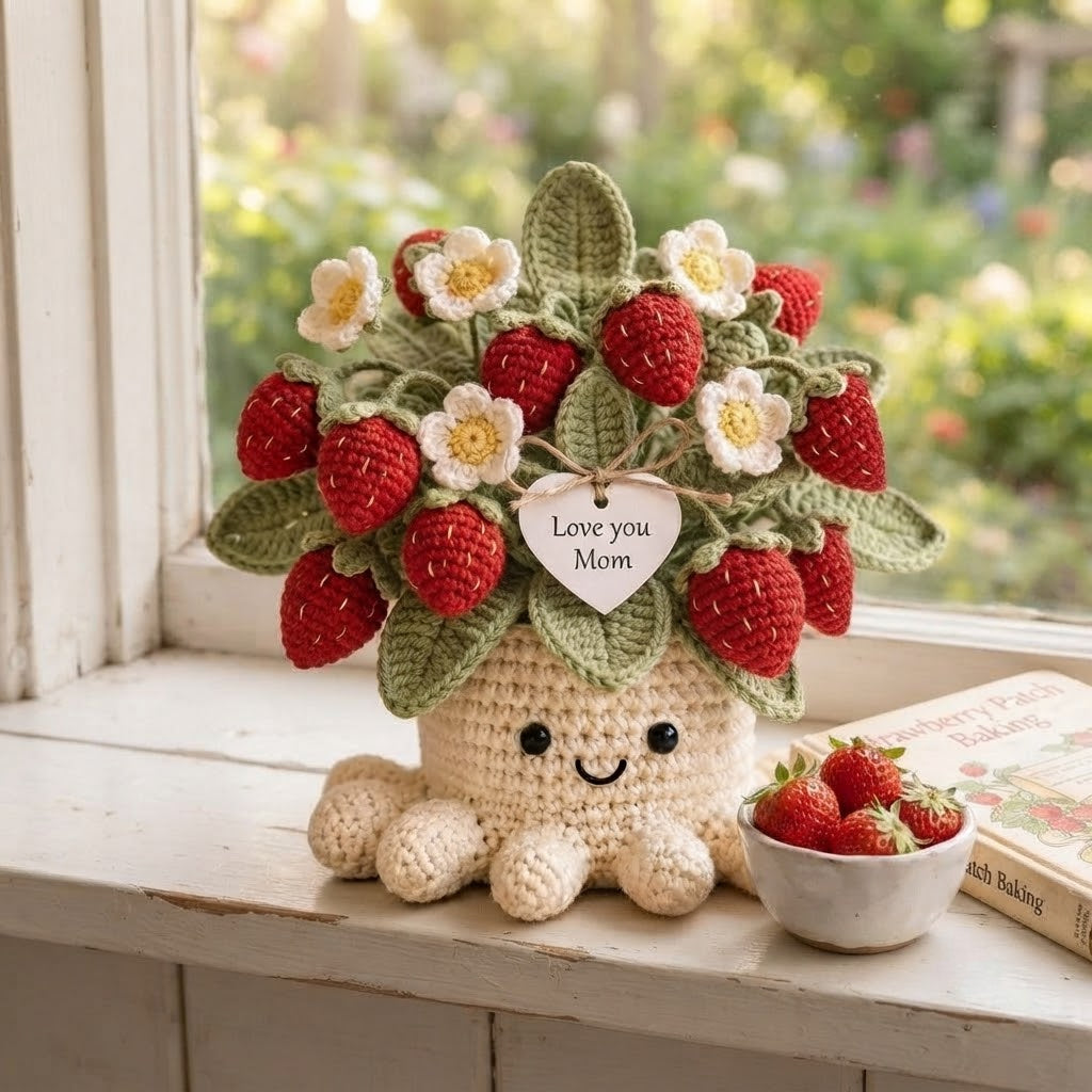 Handmade Crochet Strawberry Octopus Pot | Cute Amigurumi Plant Gift for Mom