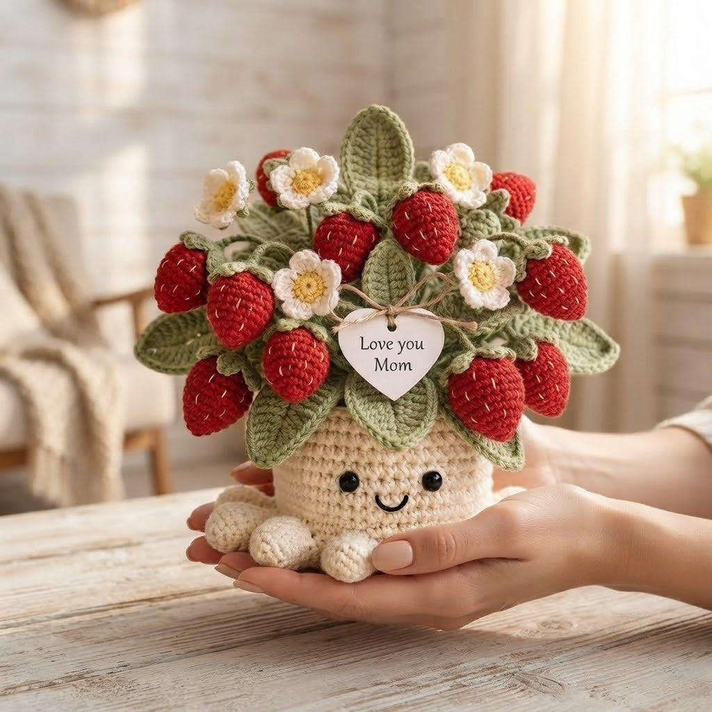 Handmade Crochet Strawberry Octopus Pot | Cute Amigurumi Plant Gift for Mom