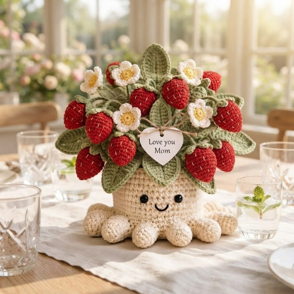 Handmade Crochet Strawberry Octopus Pot | Cute Amigurumi Plant Gift for Mom