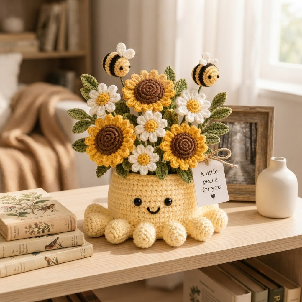 Handmade Crochet Sunflower Octopus Pot | Cute Amigurumi Bee and Flower Plant Gift