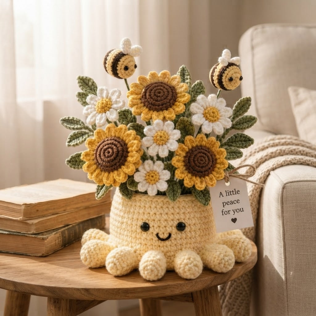 Handmade Crochet Sunflower Octopus Pot | Cute Amigurumi Bee and Flower Plant Gift