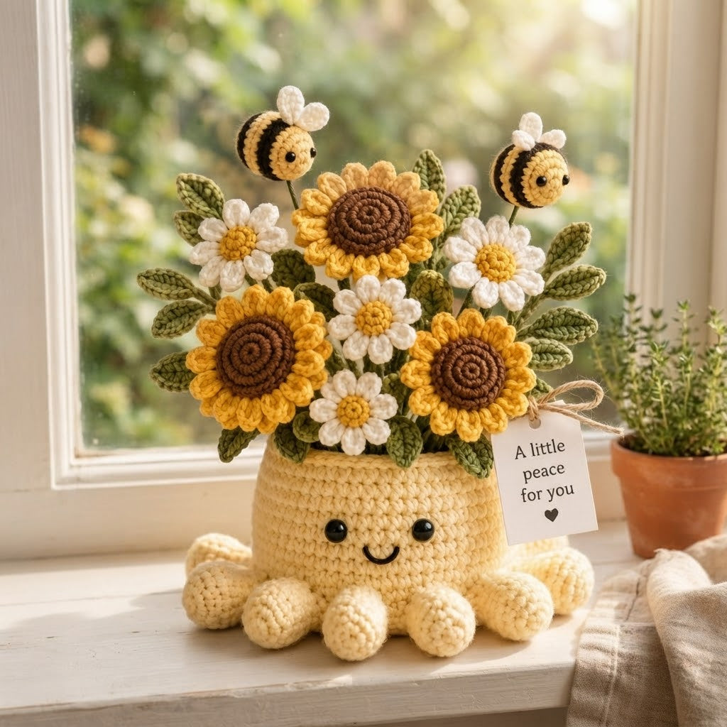 Handmade Crochet Sunflower Octopus Pot | Cute Amigurumi Bee and Flower Plant Gift