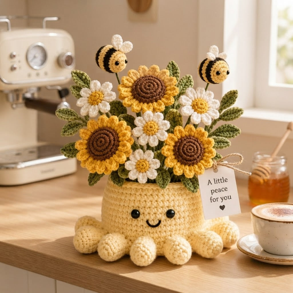 Handmade Crochet Sunflower Octopus Pot | Cute Amigurumi Bee and Flower Plant Gift