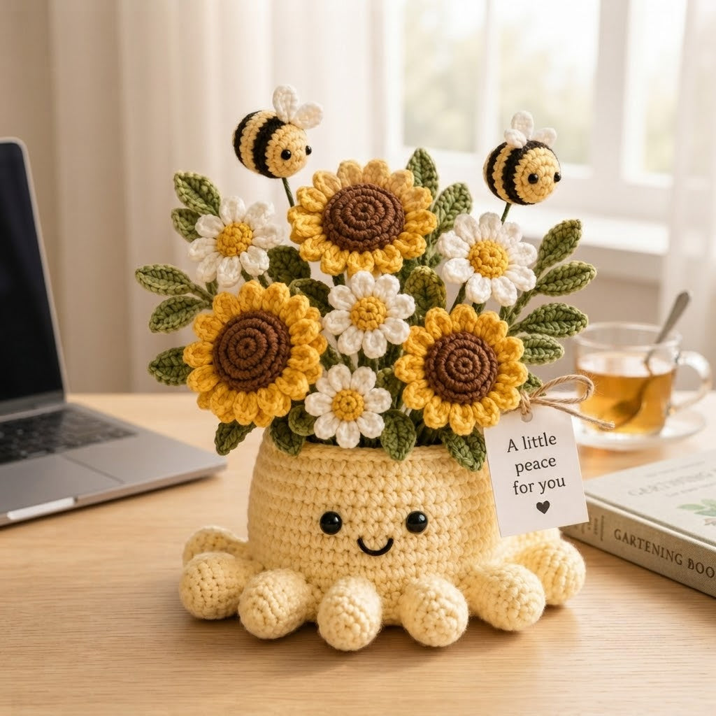 Handmade Crochet Sunflower Octopus Pot | Cute Amigurumi Bee and Flower Plant Gift