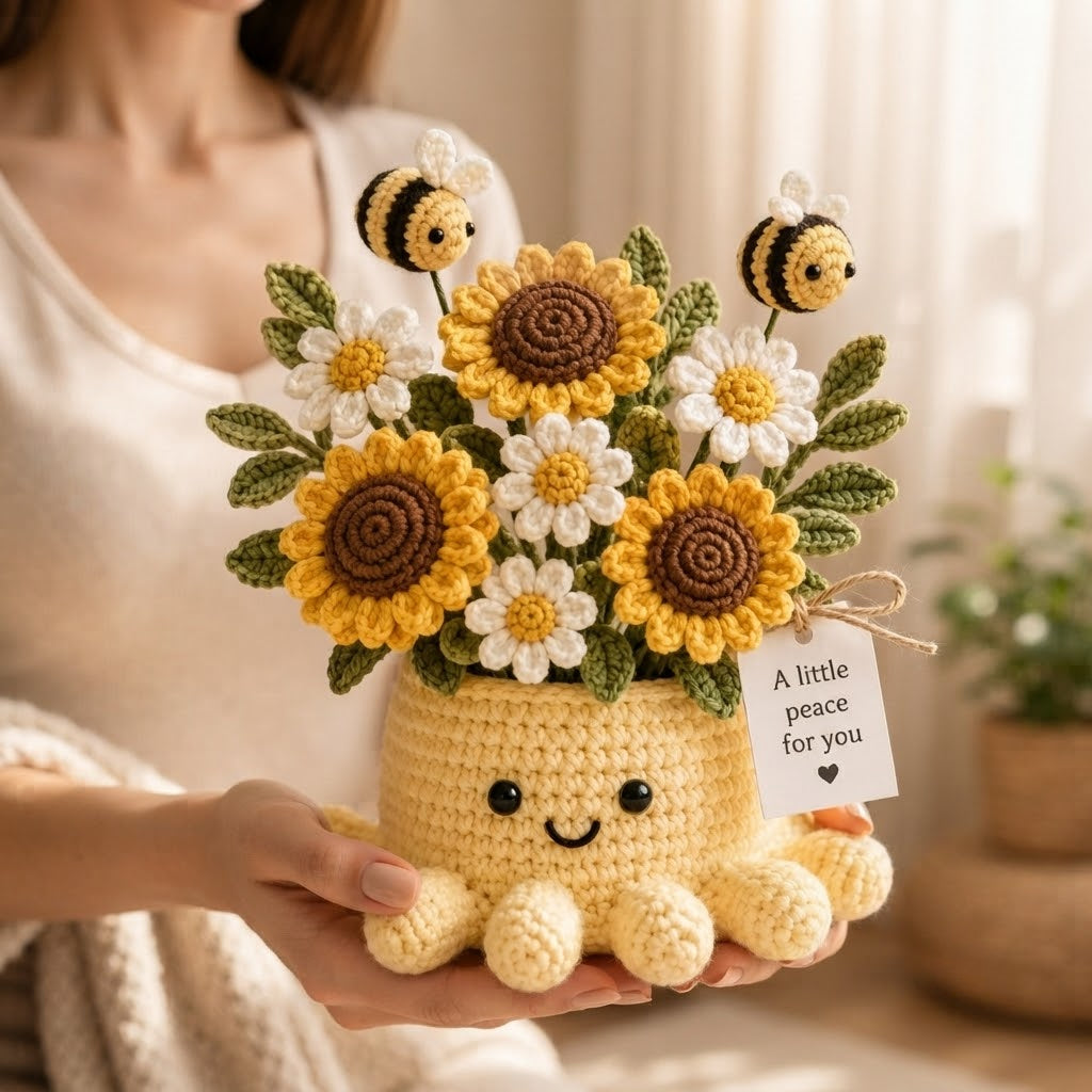 Handmade Crochet Sunflower Octopus Pot | Cute Amigurumi Bee and Flower Plant Gift