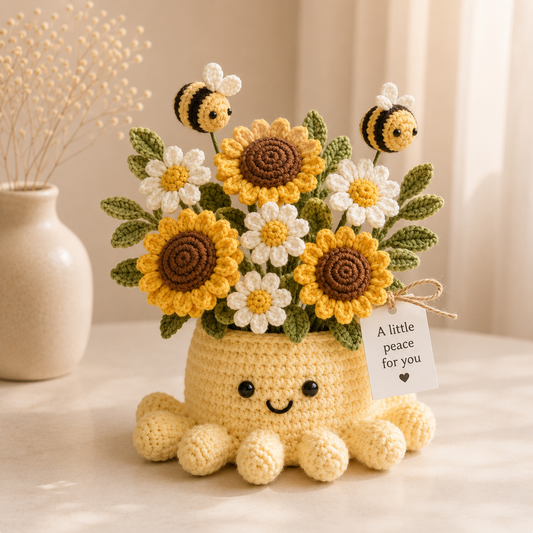 Handmade Crochet Sunflower Octopus Pot | Cute Amigurumi Bee and Flower Plant Gift