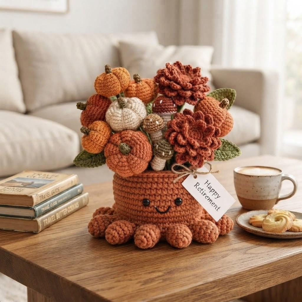Handmade Crochet Pumpkin Octopus Pot | Autumn Amigurumi Plant & Retirement Gift