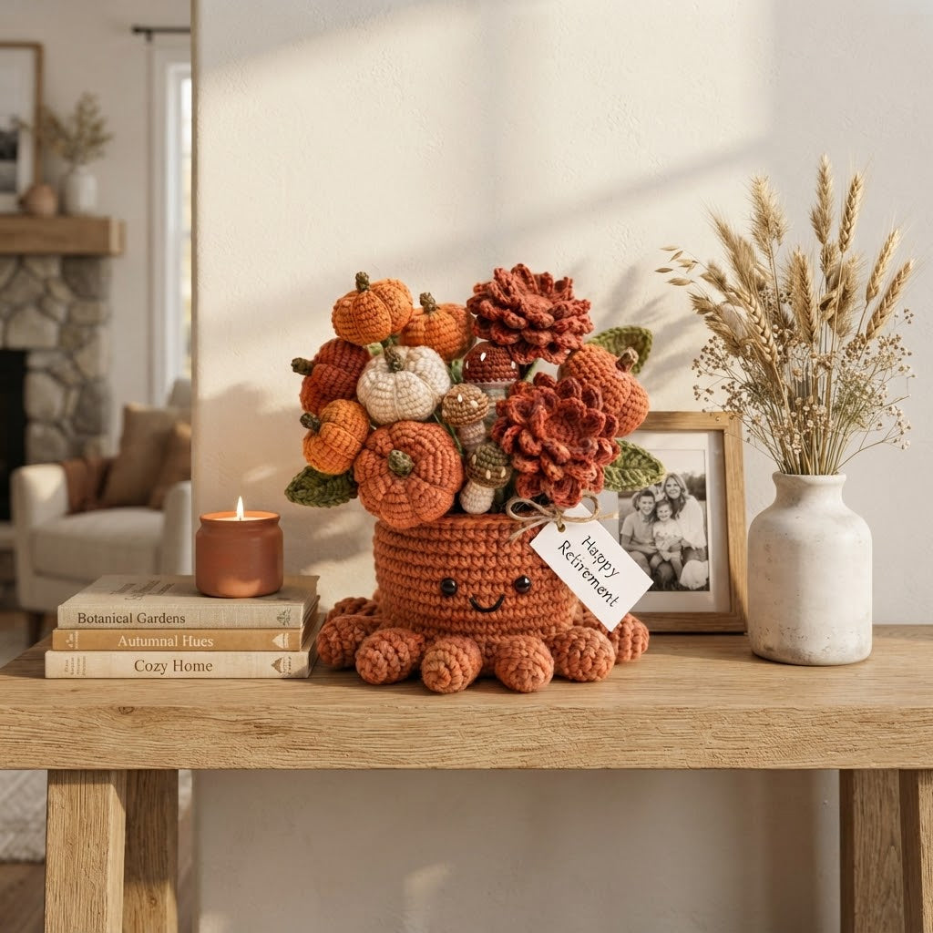 Handmade Crochet Pumpkin Octopus Pot | Autumn Amigurumi Plant & Retirement Gift