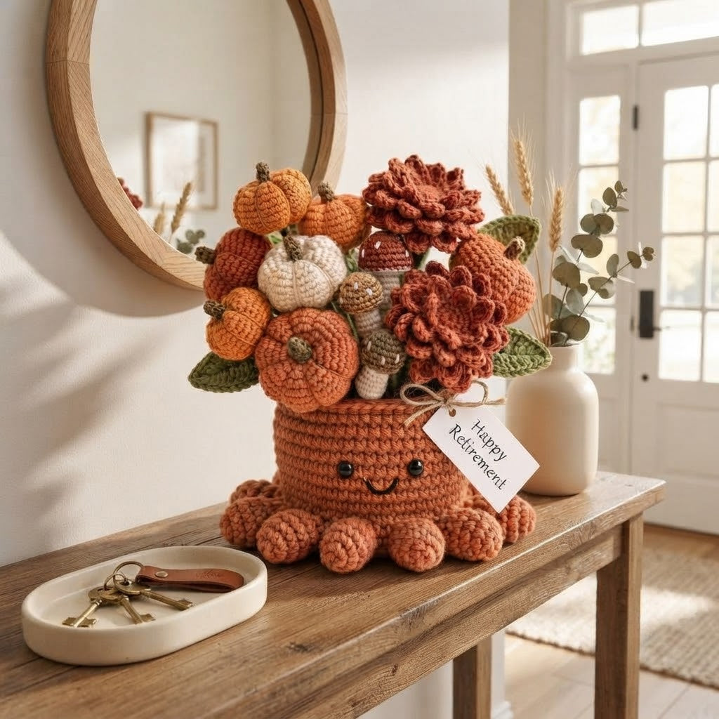 Handmade Crochet Pumpkin Octopus Pot | Autumn Amigurumi Plant & Retirement Gift