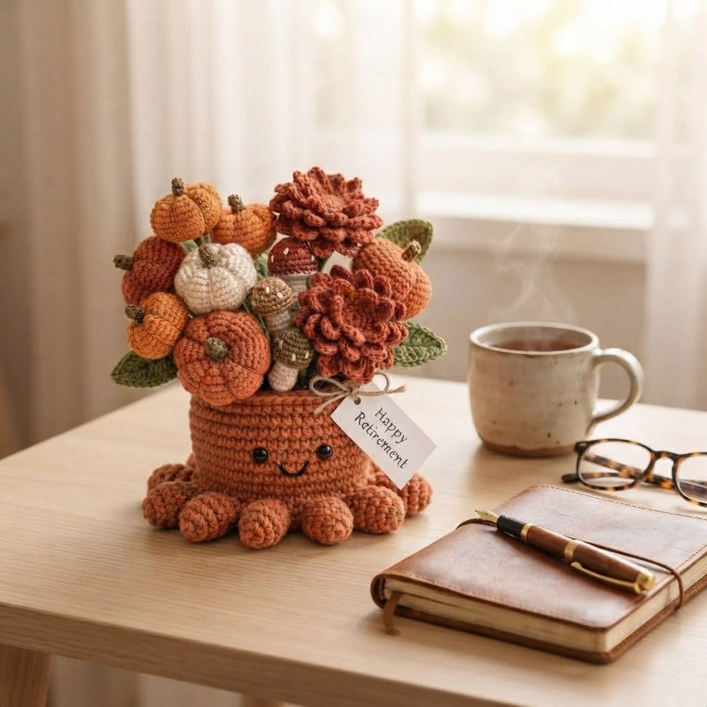 Handmade Crochet Pumpkin Octopus Pot | Autumn Amigurumi Plant & Retirement Gift