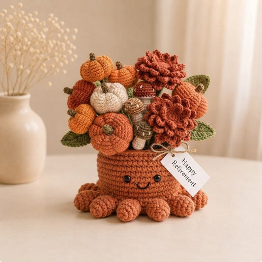 Handmade Crochet Pumpkin Octopus Pot | Autumn Amigurumi Plant & Retirement Gift