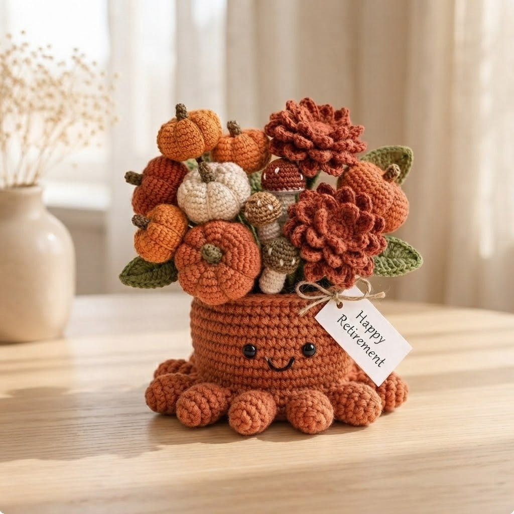 Handmade Crochet Pumpkin Octopus Pot | Autumn Amigurumi Plant & Retirement Gift