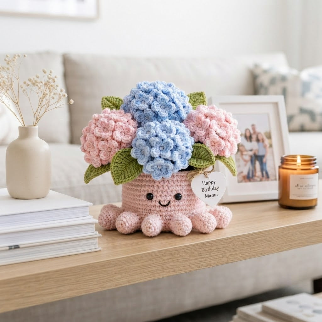 Handmade Crochet Hydrangea Octopus Pot | Cute Amigurumi Floral Gift for Mom