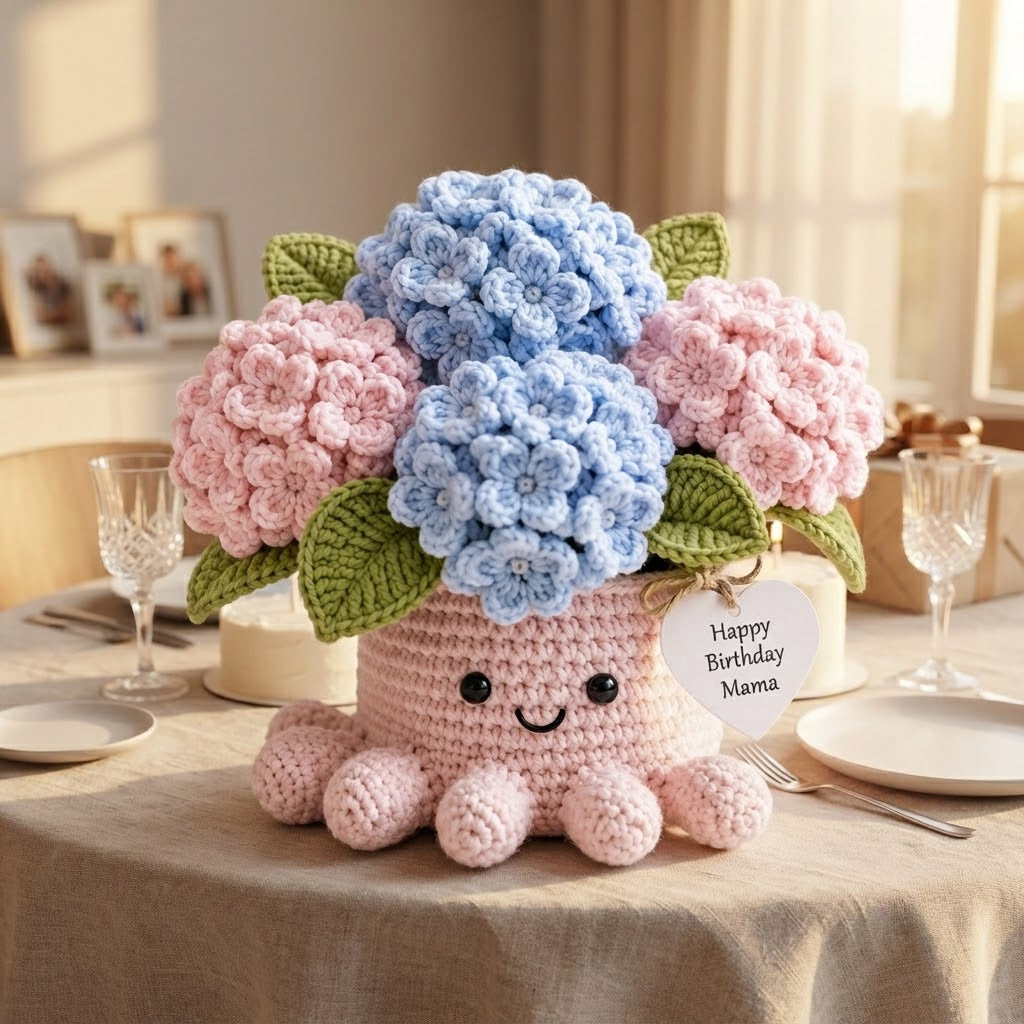 Handmade Crochet Hydrangea Octopus Pot | Cute Amigurumi Floral Gift for Mom