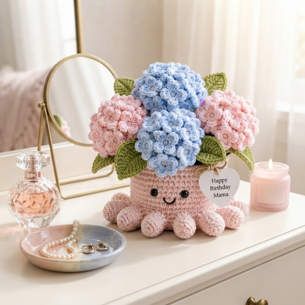 Handmade Crochet Hydrangea Octopus Pot | Cute Amigurumi Floral Gift for Mom