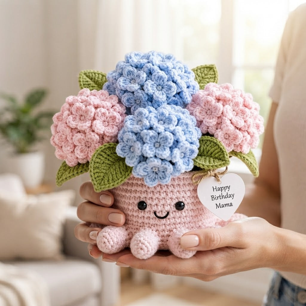 Handmade Crochet Hydrangea Octopus Pot | Cute Amigurumi Floral Gift for Mom