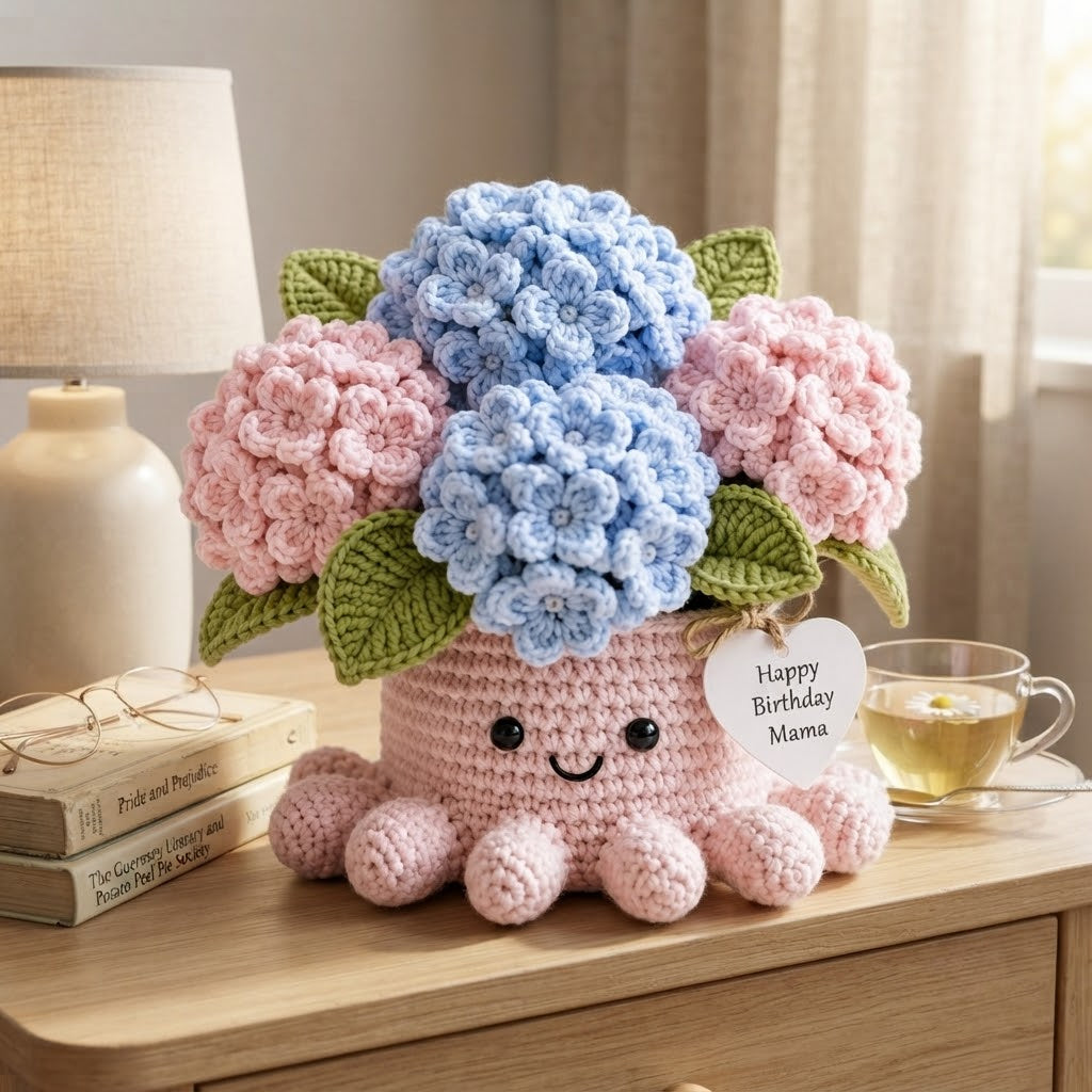 Handmade Crochet Hydrangea Octopus Pot | Cute Amigurumi Floral Gift for Mom