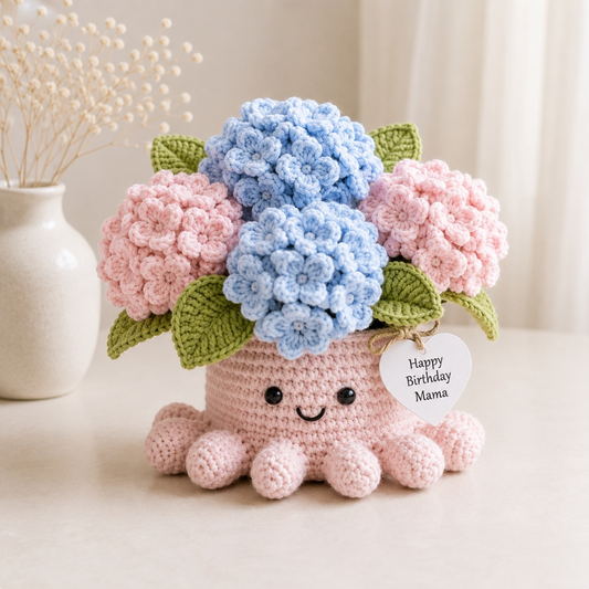Handmade Crochet Hydrangea Octopus Pot | Cute Amigurumi Floral Gift for Mom