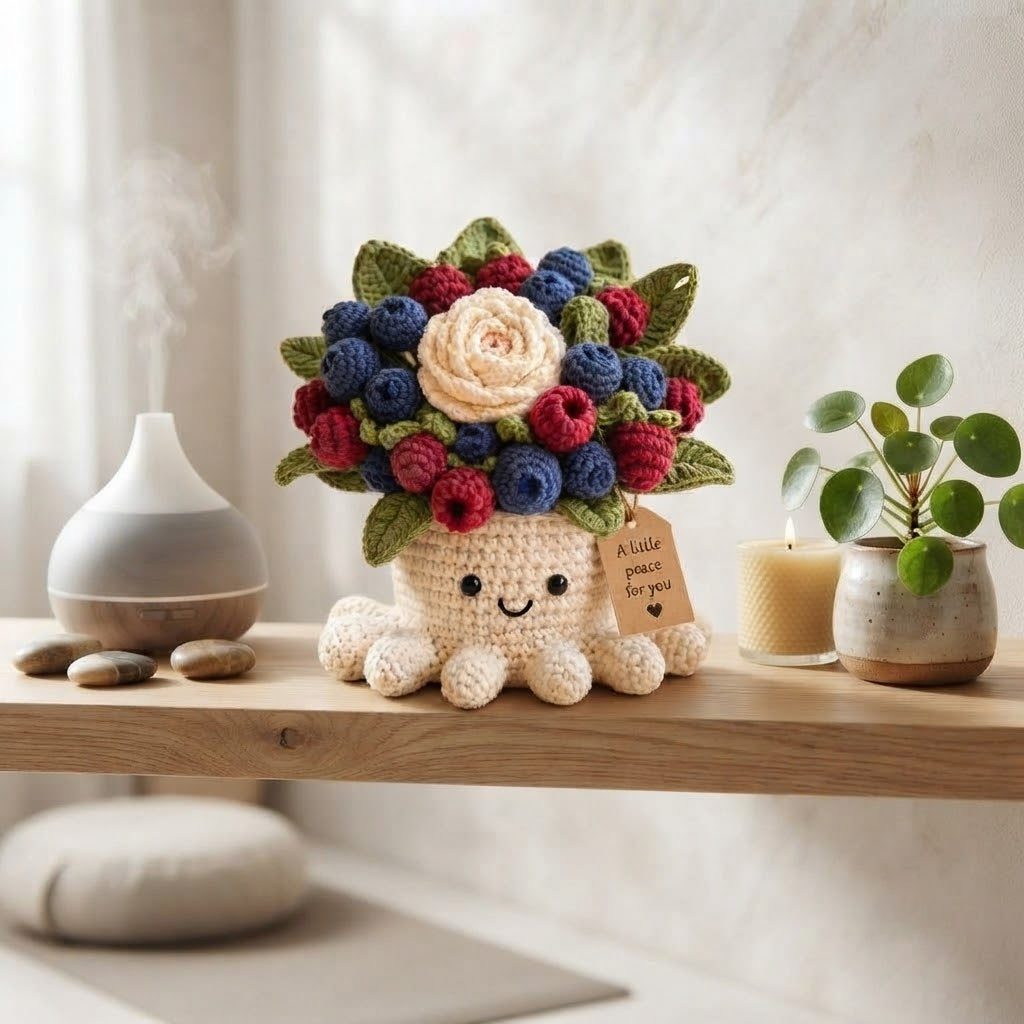 Handmade Crochet Berry Octopus Pot | Cute Amigurumi Berry and Rose Plant Gift