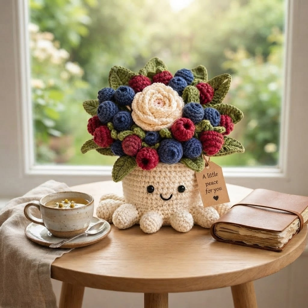 Handmade Crochet Berry Octopus Pot | Cute Amigurumi Berry and Rose Plant Gift