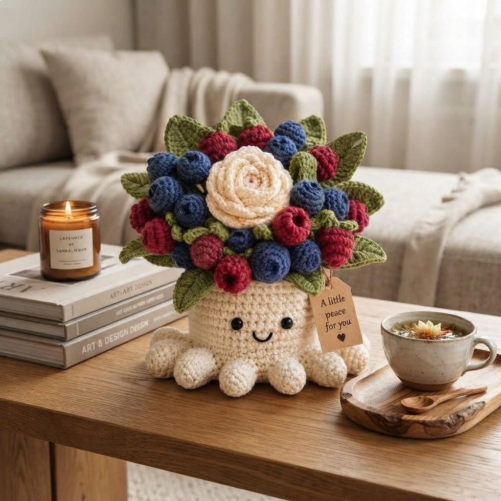 Handmade Crochet Berry Octopus Pot | Cute Amigurumi Berry and Rose Plant Gift