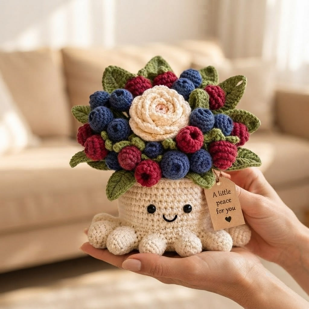 Handmade Crochet Berry Octopus Pot | Cute Amigurumi Berry and Rose Plant Gift