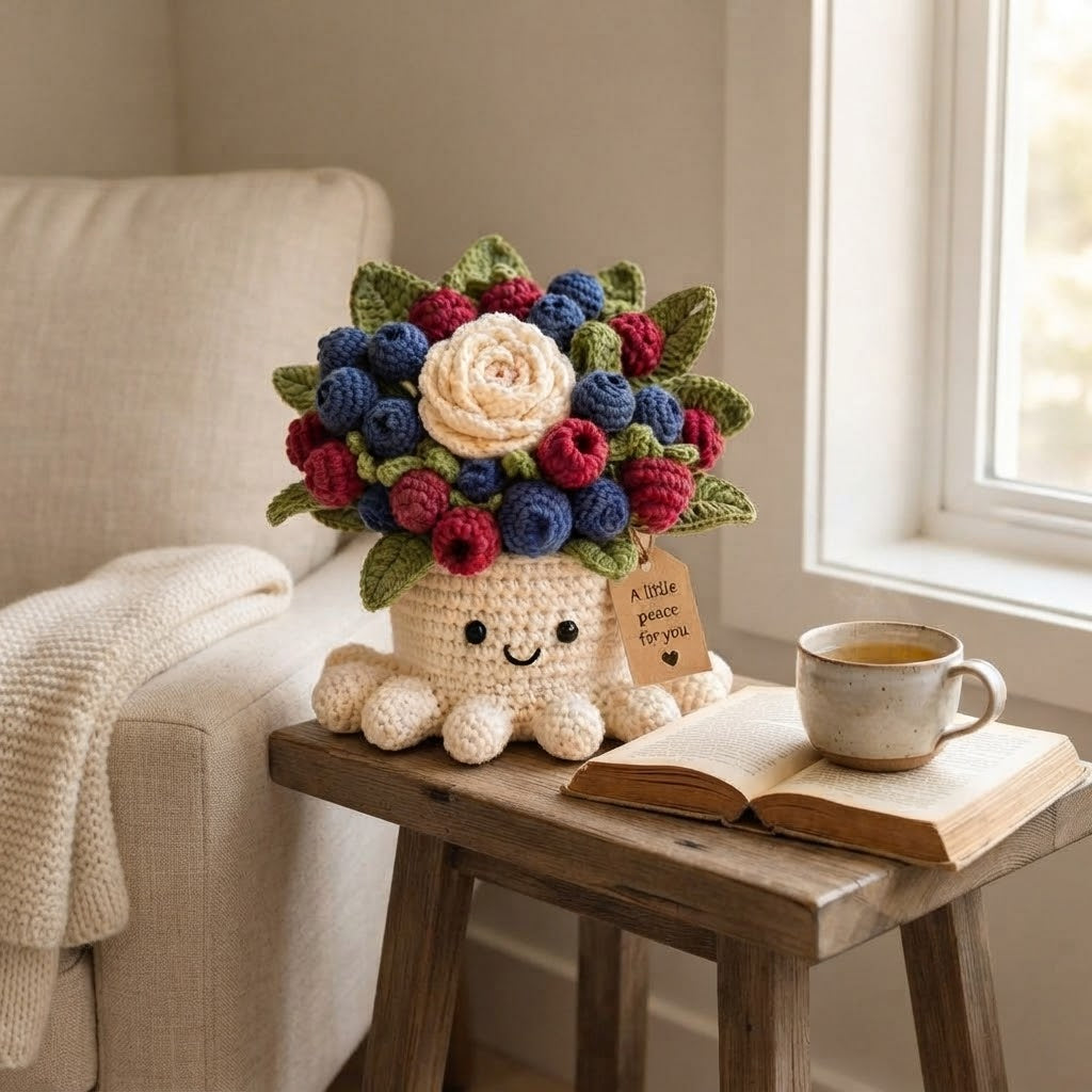 Handmade Crochet Berry Octopus Pot | Cute Amigurumi Berry and Rose Plant Gift