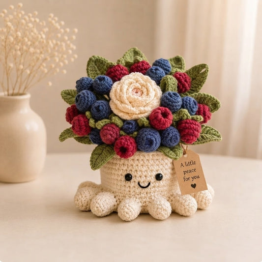 Handmade Crochet Berry Octopus Pot | Cute Amigurumi Berry and Rose Plant Gift