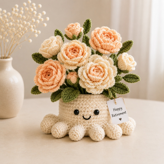 Handmade Crochet Rose Octopus Pot | Cute Amigurumi Peach Floral Plant Gift